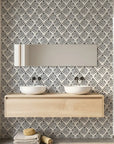 Rising Arrow grey geometric peel and stick wallpaper creating ambiance in a serene bathroom
