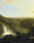 Classical River Glen wallpaper depicting cascading waterfalls and Italian countryside in soft green and gold tones
