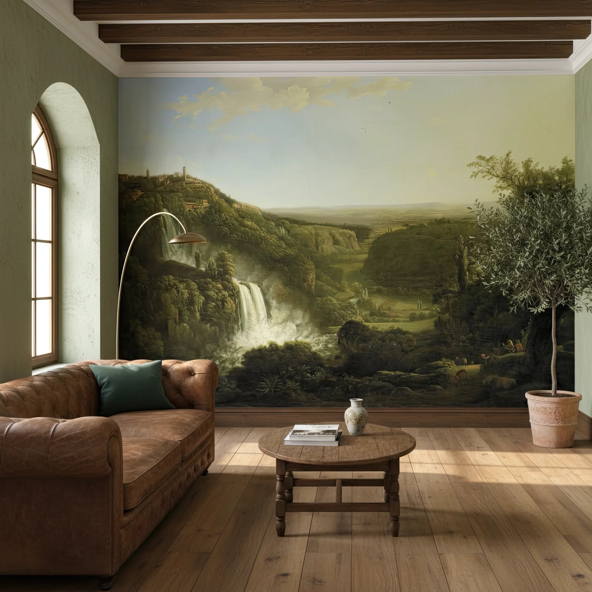 Italian countryside landscape mural wallpaper with waterfall and rolling hills in living room