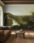 Italian countryside landscape mural wallpaper with waterfall and rolling hills in living room
