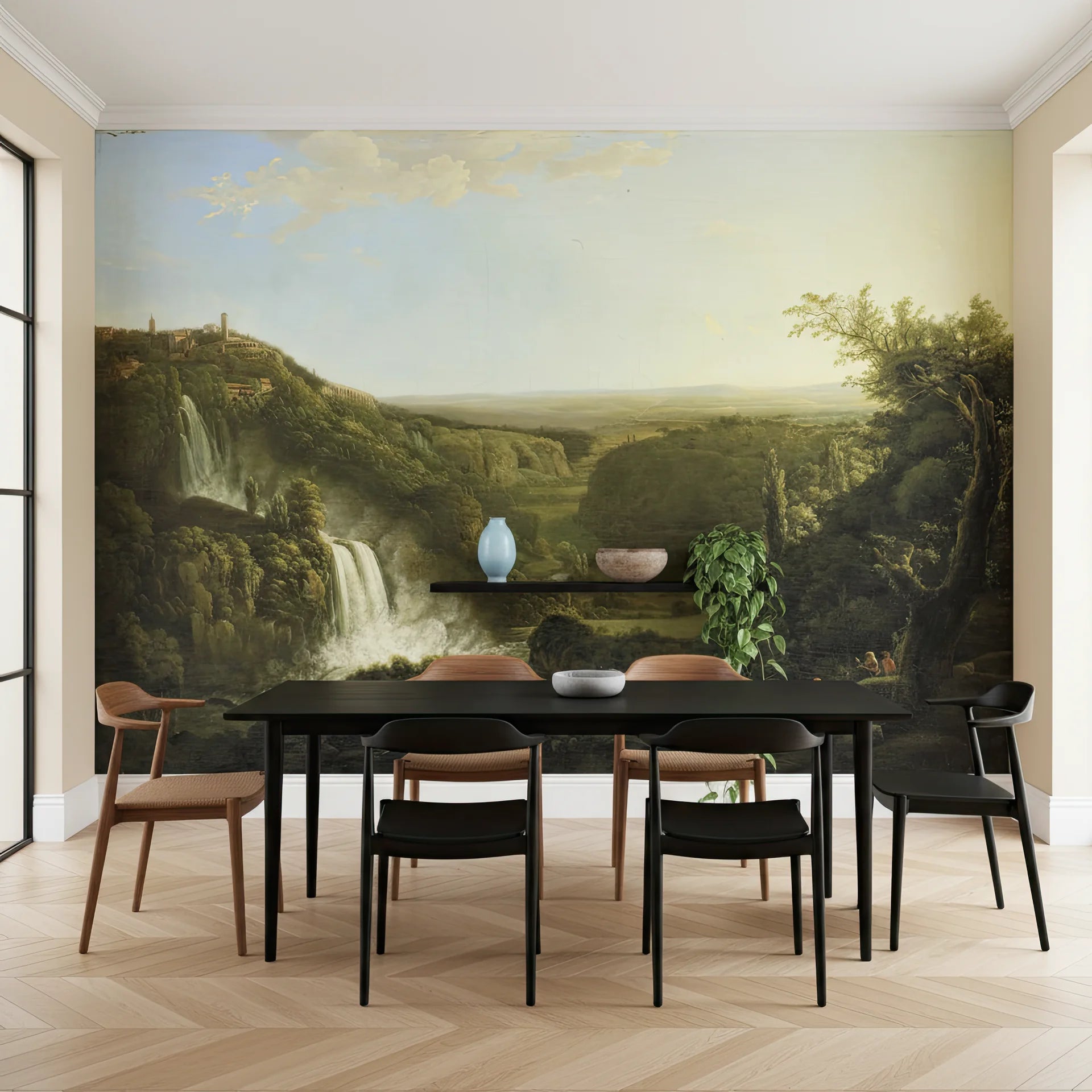 Classical River Glen landscape mural wallpaper featuring waterfalls and hilltop town in dining room setting