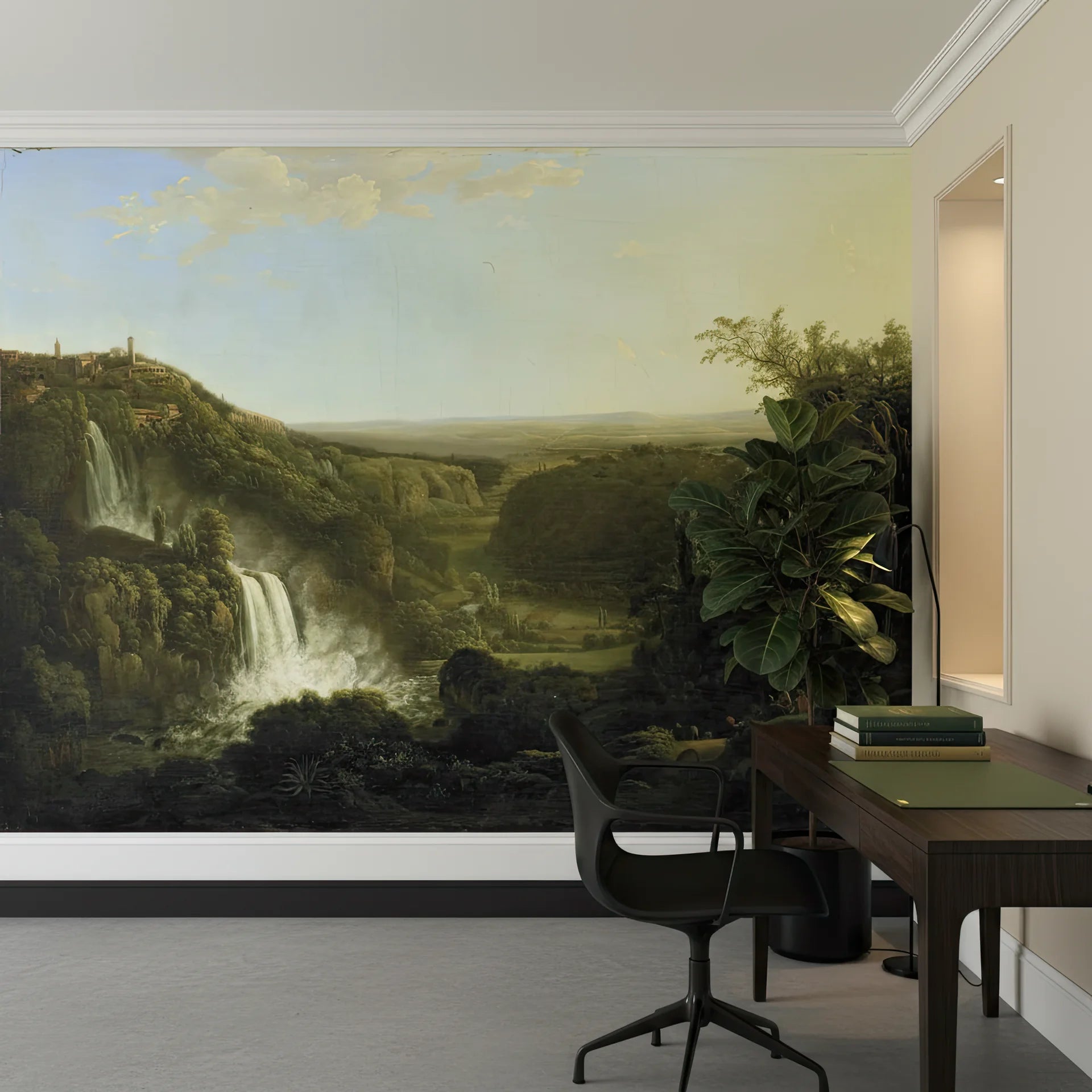River Glen landscape mural wallpaper featuring waterfalls and Italian countryside in home office setting