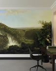 River Glen landscape mural wallpaper featuring waterfalls and Italian countryside in home office setting