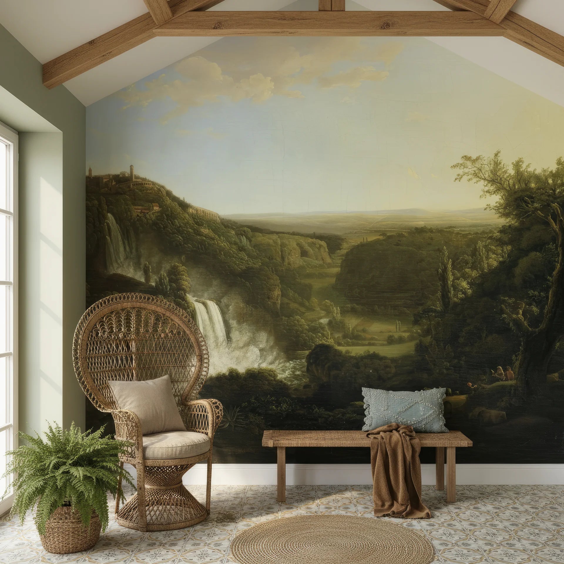 Classical landscape mural wallpaper featuring River Glen waterfall and hilltop castle in earth tones