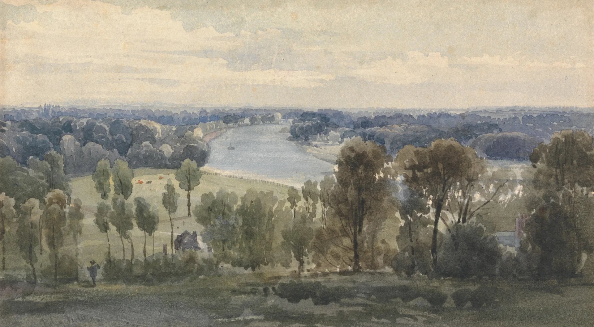 Watercolor River Valley Panorama wallpaper depicting pastoral landscape with winding river and autumn trees in muted tones