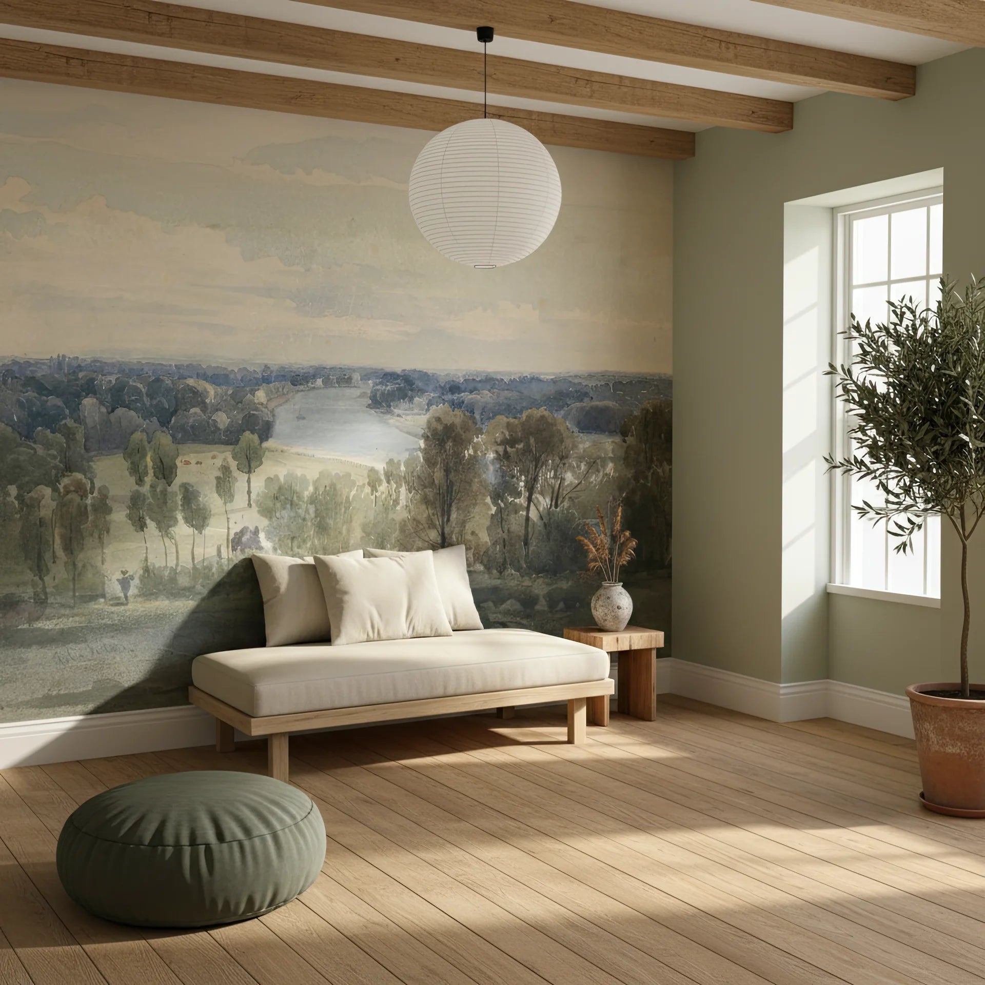 Watercolor landscape River Valley Panorama mural wallpaper featuring soft greens and beiges in sunlit room