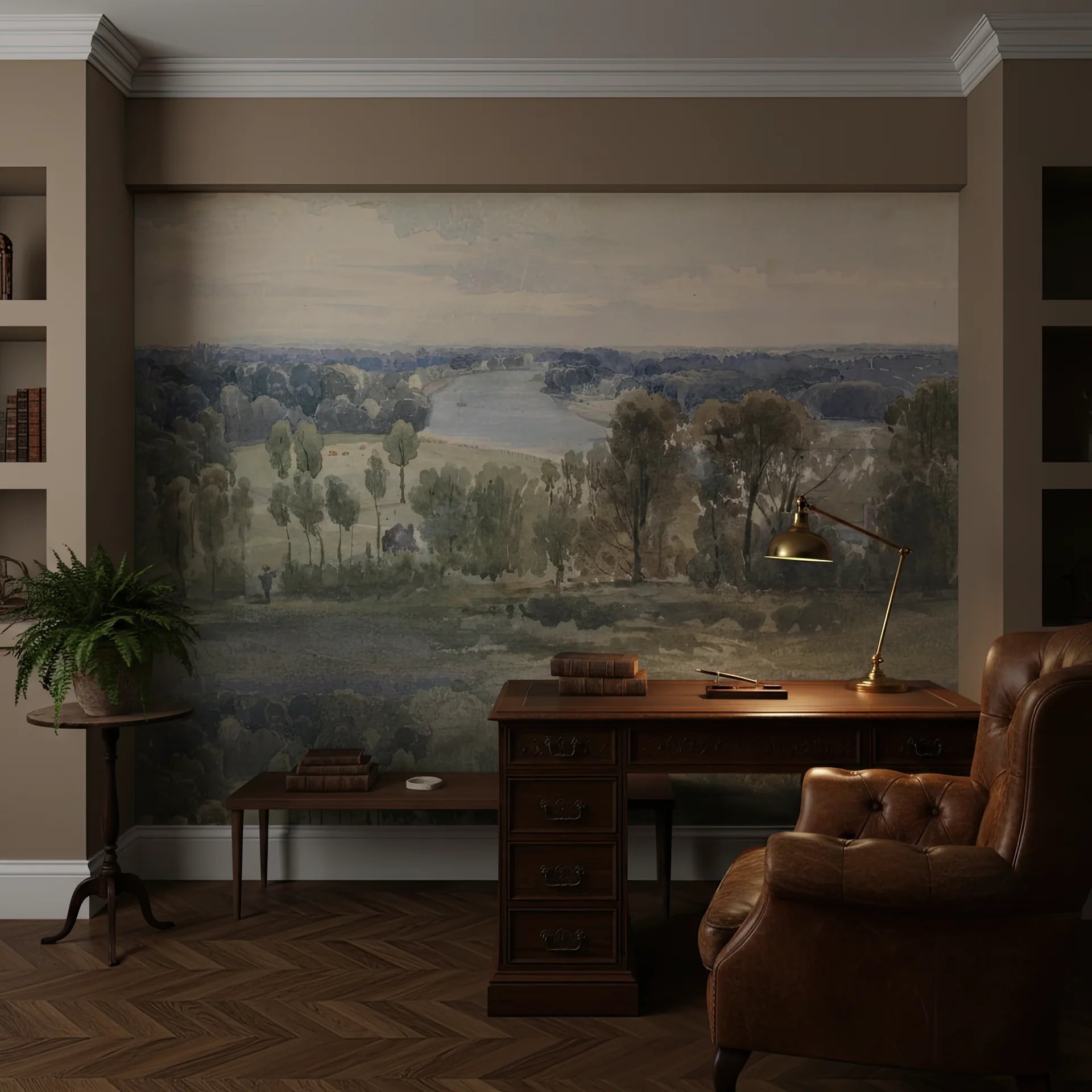 River Valley Panorama mural wallpaper featuring pastoral landscape with trees and river in study setting