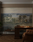 River Valley Panorama mural wallpaper featuring pastoral landscape with trees and river in study setting