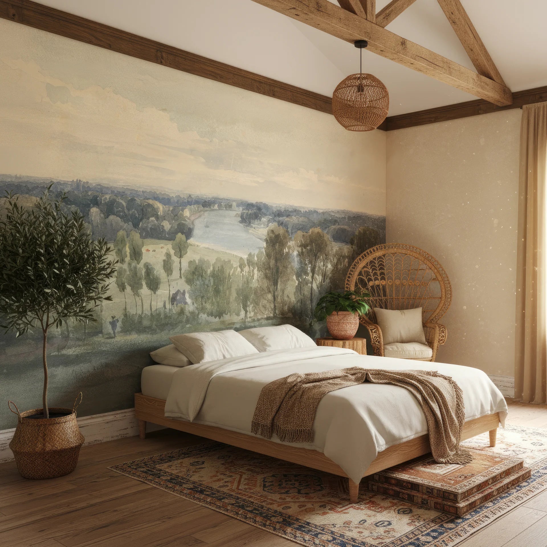 Sage green River Valley Panorama landscape mural wallpaper in rustic bedroom with natural light