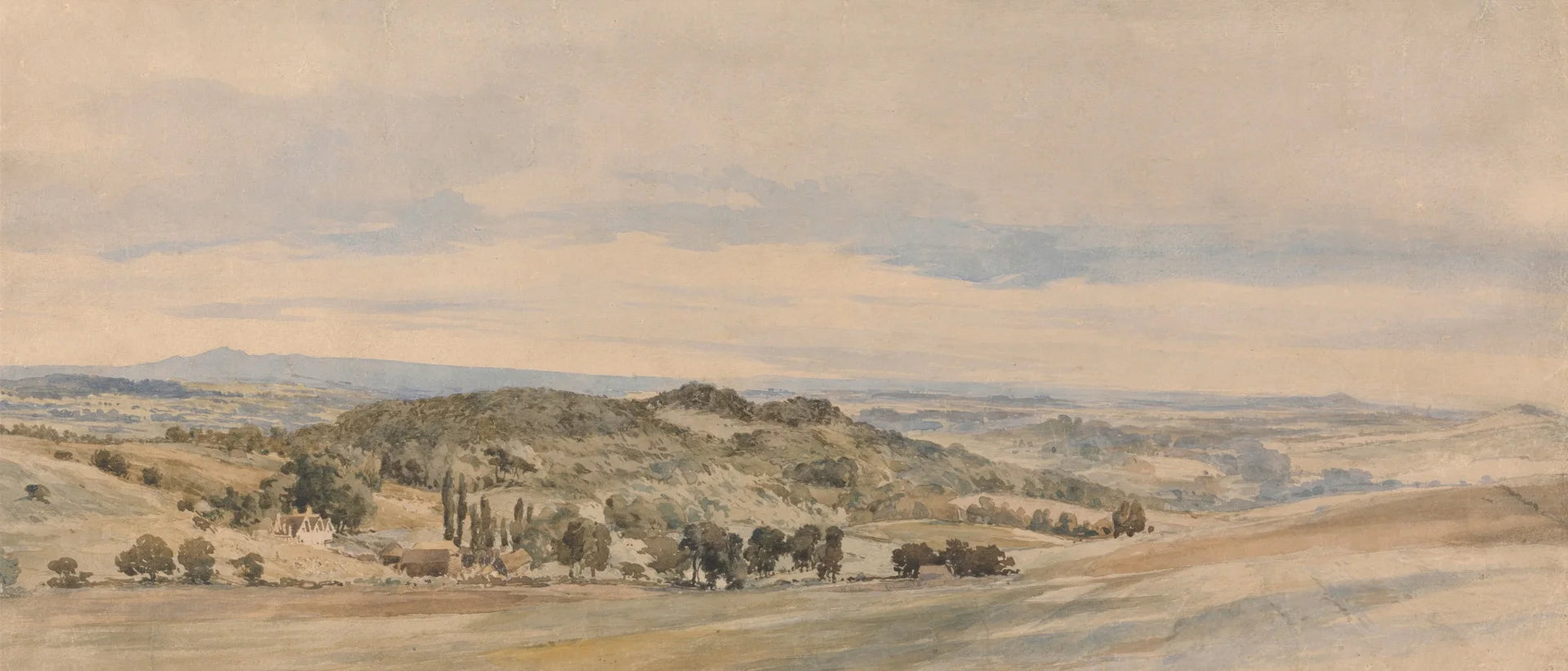 Pastoral Riverside Landscape wallpaper featuring rolling hills and soft earth tones in watercolor style