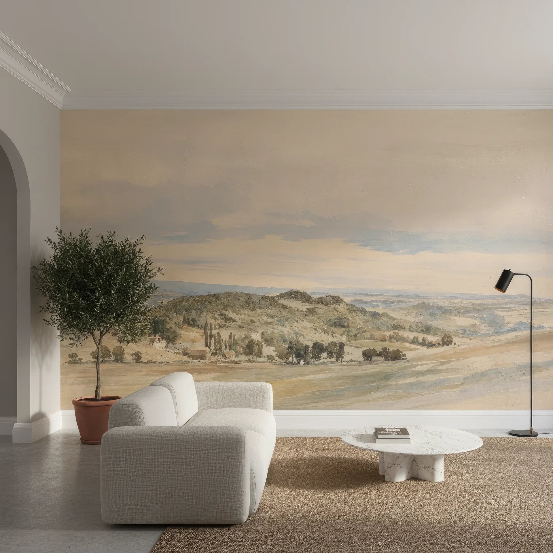 Riverside Landscape wallpaper mural showing watercolor countryside with rolling hills in earthy beige tones