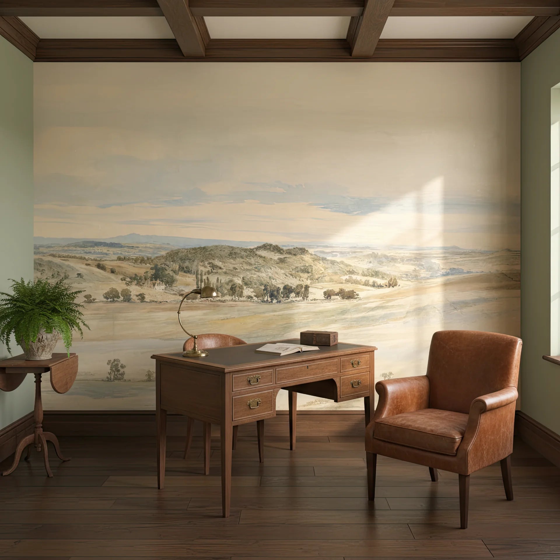 Riverside Landscape mural wallpaper showing pastoral countryside scene in home office with coffered ceiling