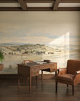 Riverside Landscape mural wallpaper showing pastoral countryside scene in home office with coffered ceiling
