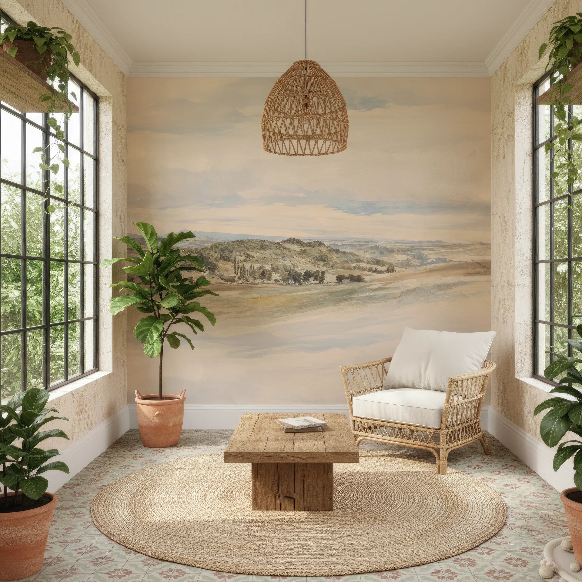 Beige and blue Riverside Landscape peel and stick wallpaper mural in sunlit living room with natural decor