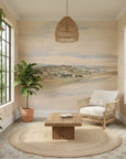 Beige and blue Riverside Landscape peel and stick wallpaper mural in sunlit living room with natural decor
