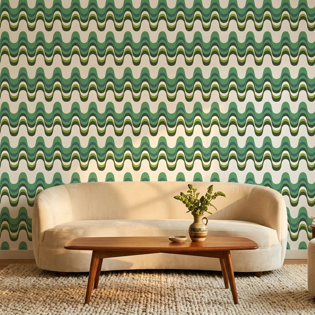 Rolling Green retro green wave peel and stick wallpaper in a warm and inviting living room