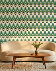 Rolling Green retro green wave peel and stick wallpaper in a warm and inviting living room