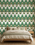 Rolling Green retro green wave peel and stick wallpaper adding character to a cozy bedroom
