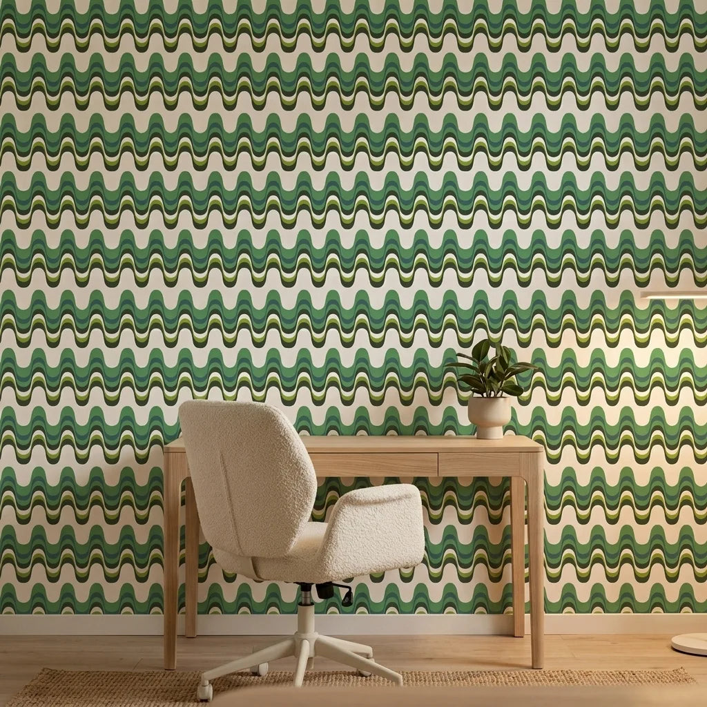 Rolling Green retro green wave peel and stick wallpaper as a feature wall in a bright home office