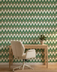 Rolling Green retro green wave peel and stick wallpaper as a feature wall in a bright home office