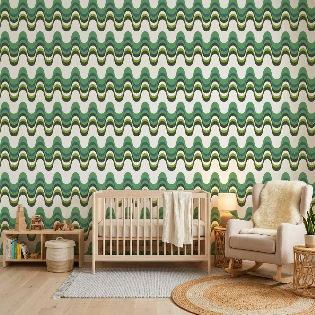 Rolling Green retro green wave peel and stick wallpaper bringing warmth to a peaceful nursery