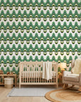 Rolling Green retro green wave peel and stick wallpaper bringing warmth to a peaceful nursery