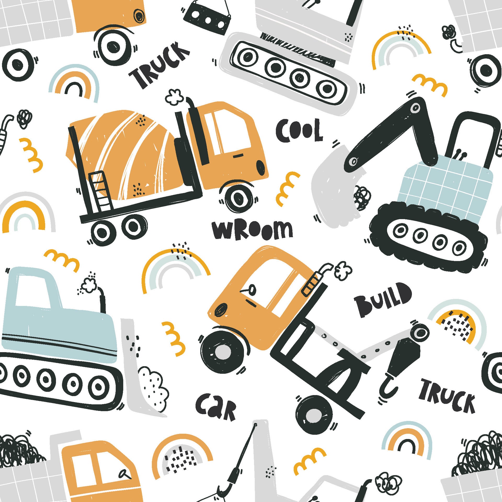 Construction vehicles wallpaper pattern with trucks excavators cranes and playful graphic details