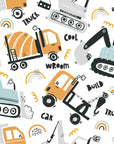 Construction vehicles wallpaper pattern with trucks excavators cranes and playful graphic details