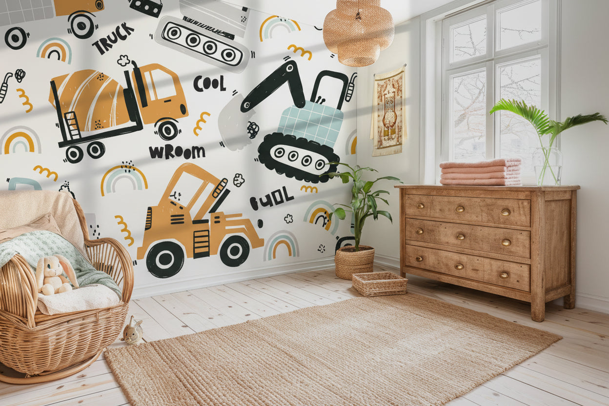 A lively, enjoyable mural depicting construction equipment like dump trucks and diggers for kids room