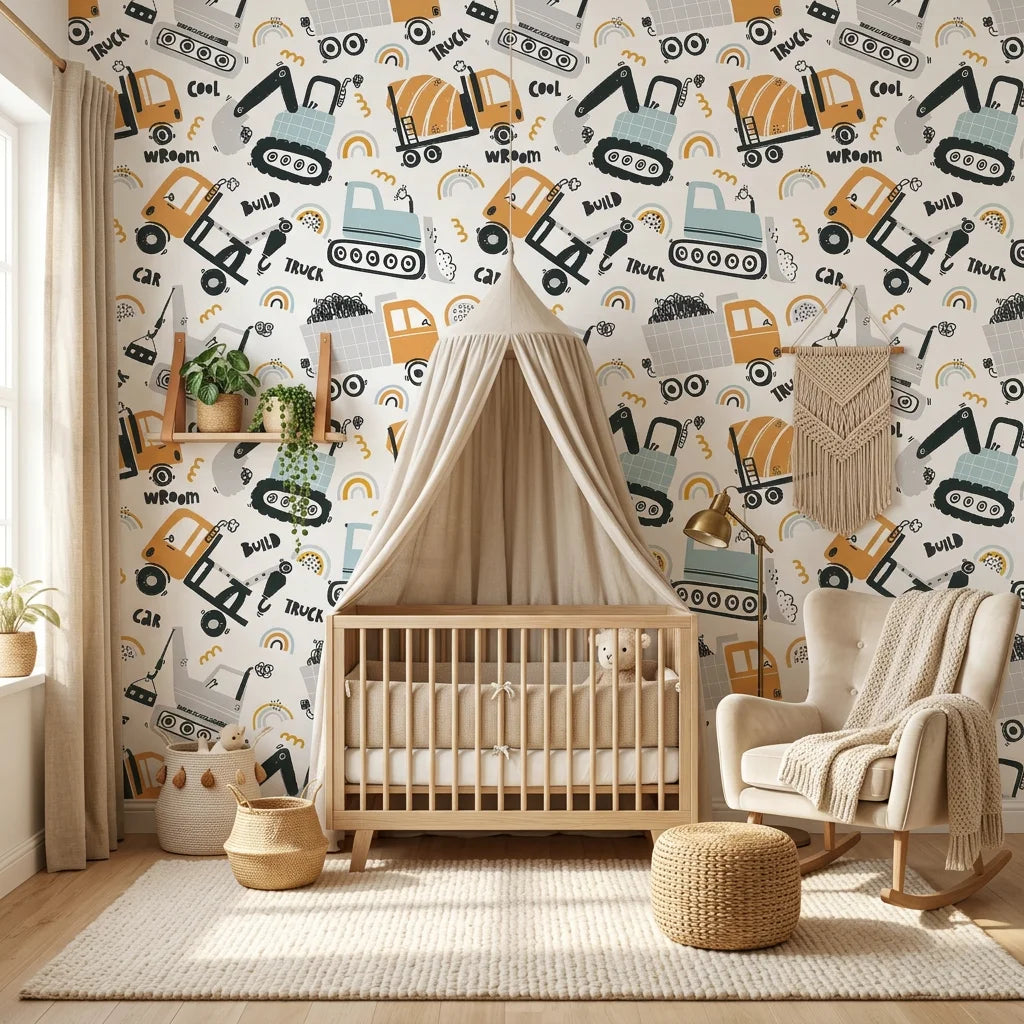 Rolling Rumble construction vehicle wallpaper in a warm and inviting living room