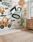 A lively, enjoyable mural depicting construction equipment like dump trucks and diggers for kids room