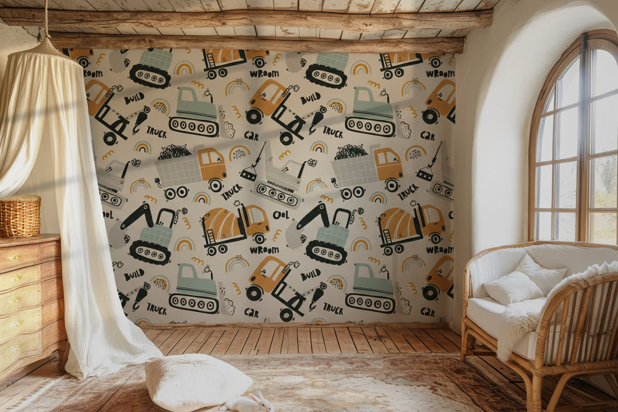 Fun, action-packed wall covering showing construction trucks, heavy machinery, and digging excavators.