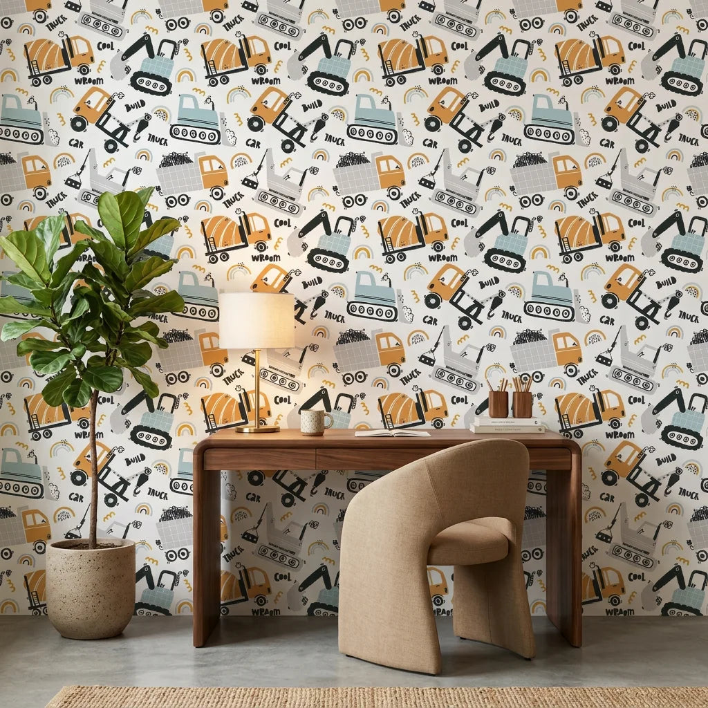 Rolling Rumble construction vehicle wallpaper adding character to a cozy bedroom