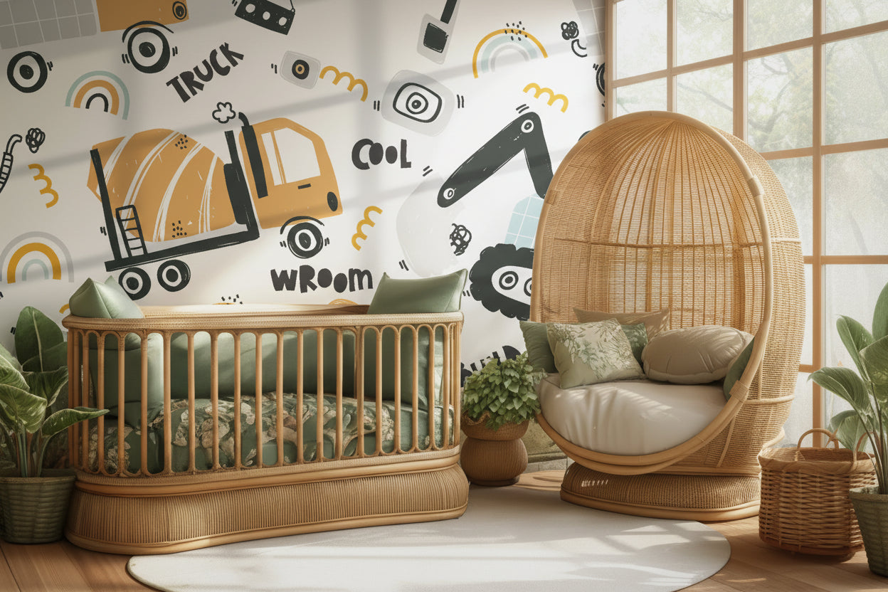 Decorative paper for a wall, showing numerous heavy machinery vehicles including diggers and construction trucks in a dynamic setting.