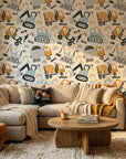Rolling Rumble construction vehicle wallpaper as a feature wall in a bright home office