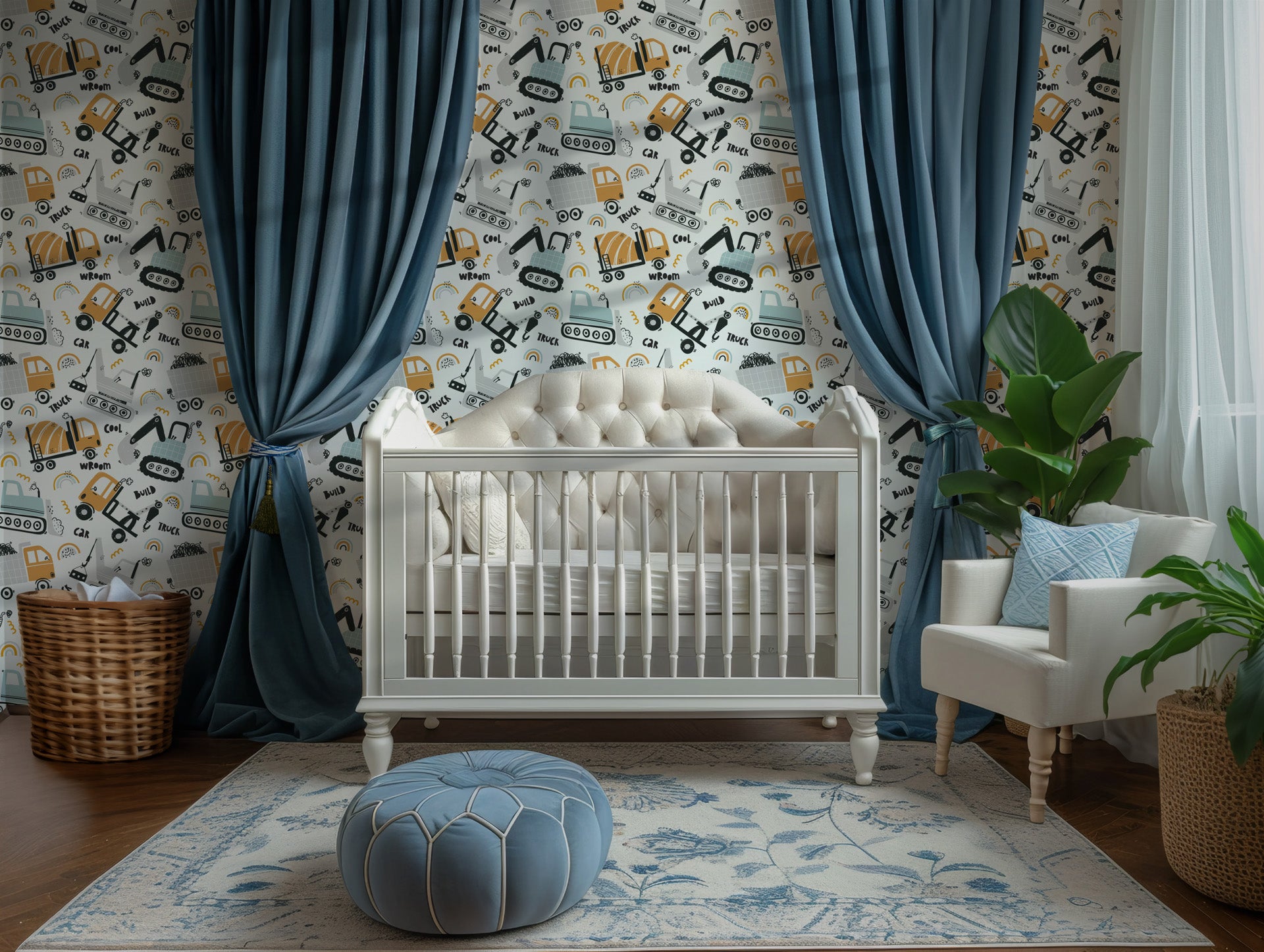 Lively construction-themed wallpaper depicting numerous pieces of heavy equipment and site transport