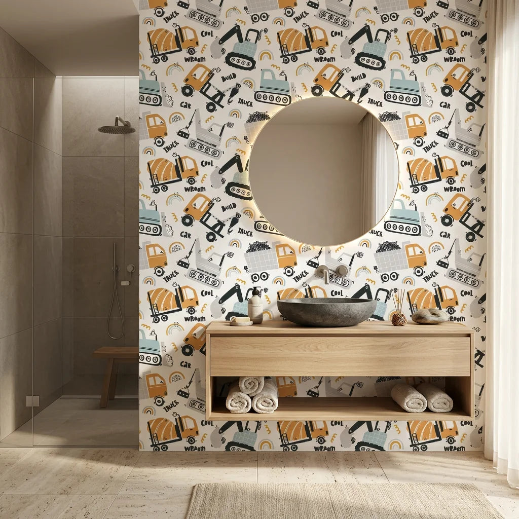 Rolling Rumble construction vehicle wallpaper creating ambiance in a serene bathroom
