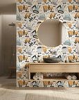 Rolling Rumble construction vehicle wallpaper creating ambiance in a serene bathroom