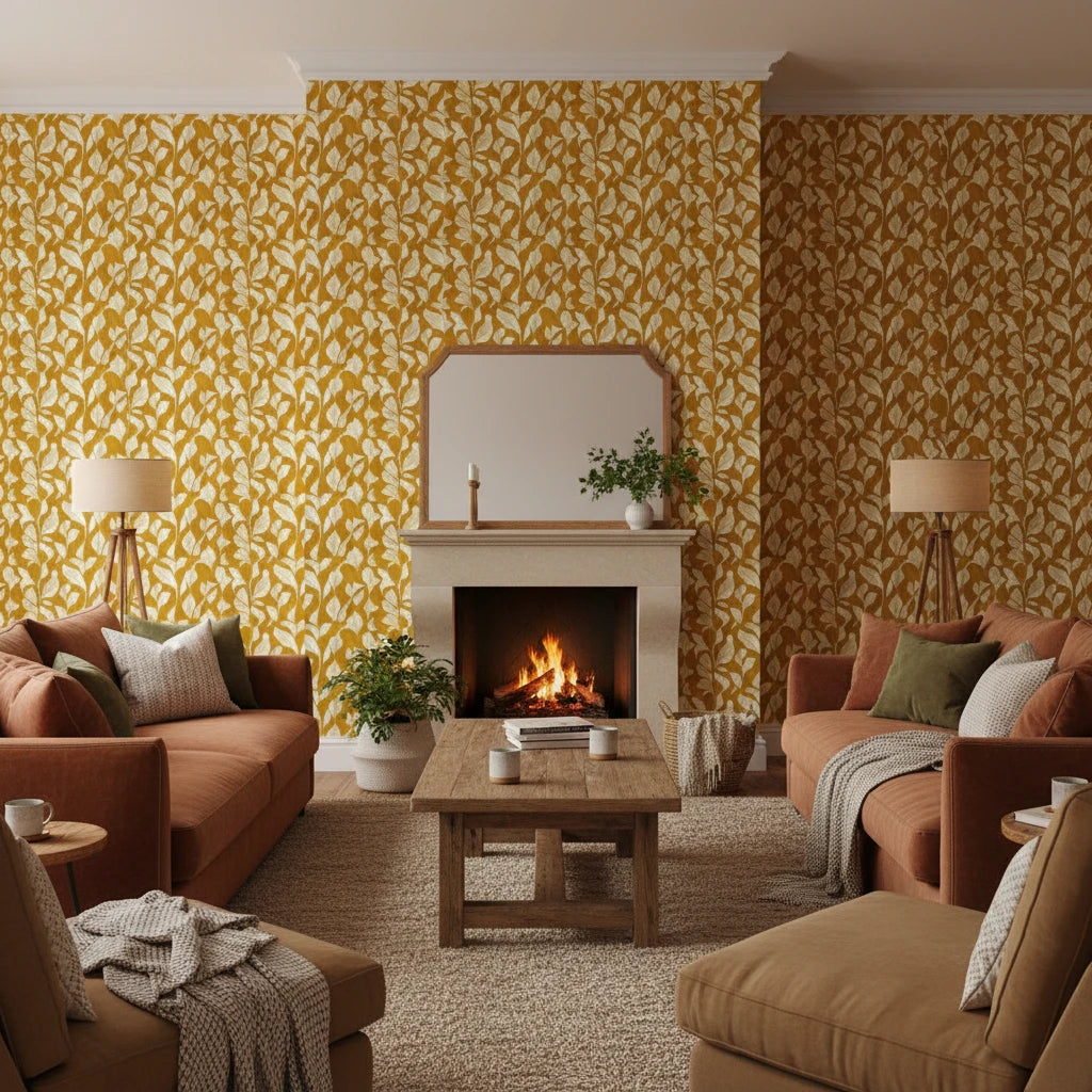 Rolling Fathoms golden painterly leaf wallpaper in a warm and inviting living room