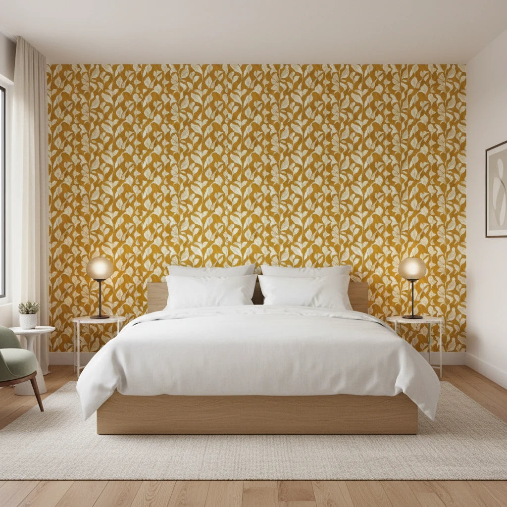 Rolling Fathoms golden painterly leaf wallpaper adding character to a cozy bedroom
