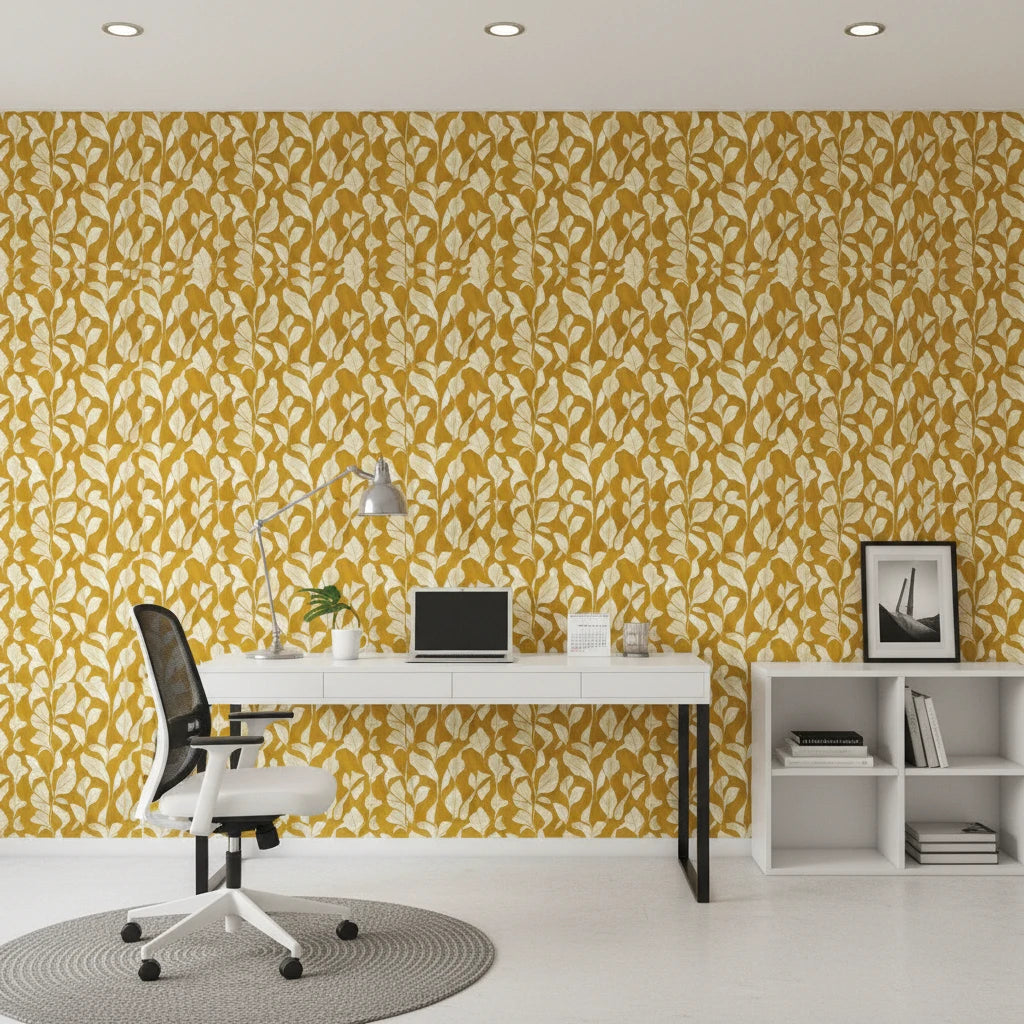Rolling Fathoms golden painterly leaf wallpaper as a feature wall in a bright home office