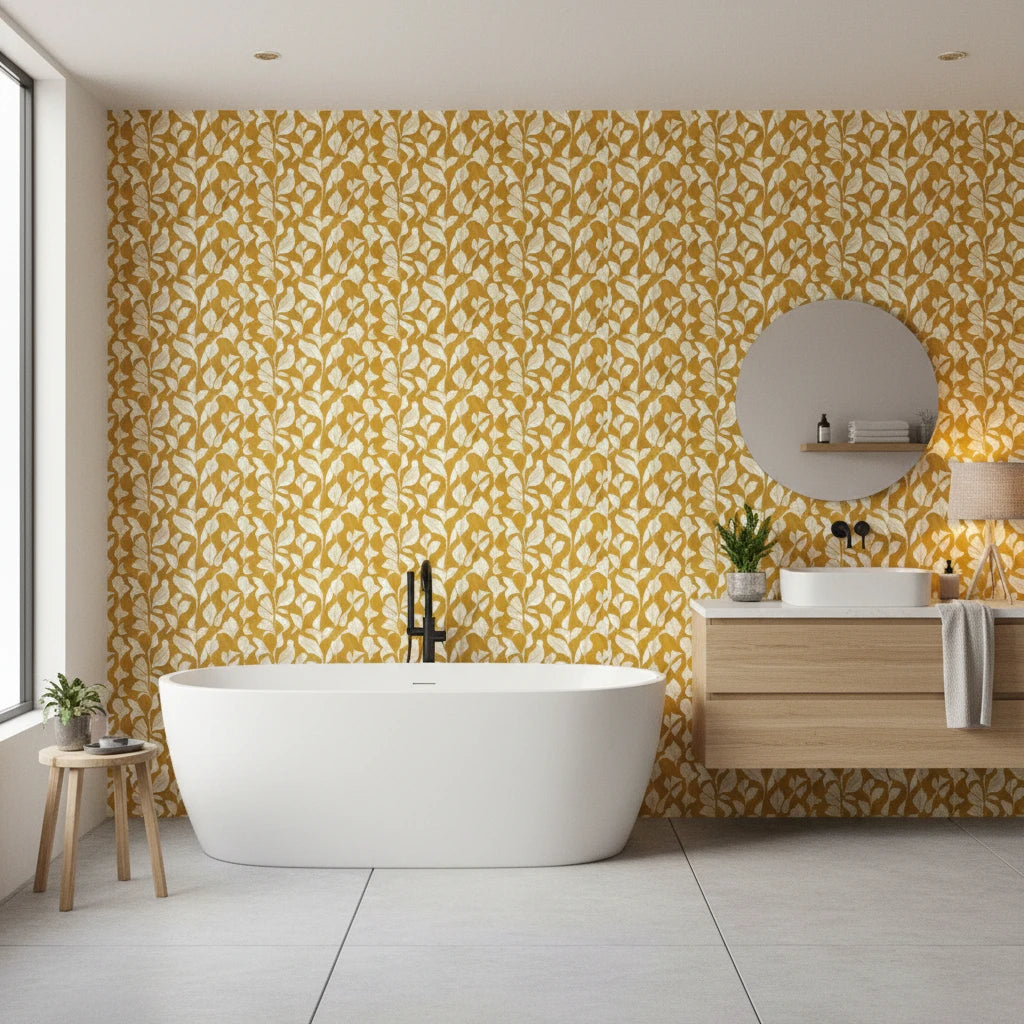 Rolling Fathoms golden painterly leaf wallpaper creating ambiance in a serene bathroom