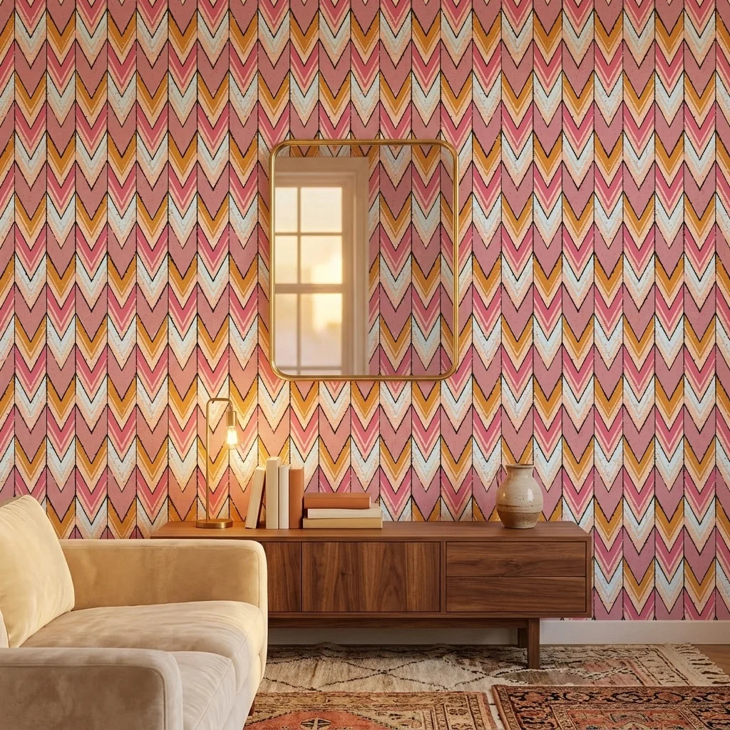 Rose Arrow pink and orange geometric wallpaper in a warm and inviting living room