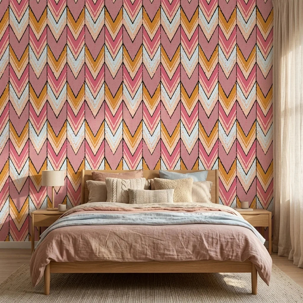 Rose Arrow pink and orange geometric wallpaper adding character to a cozy bedroom