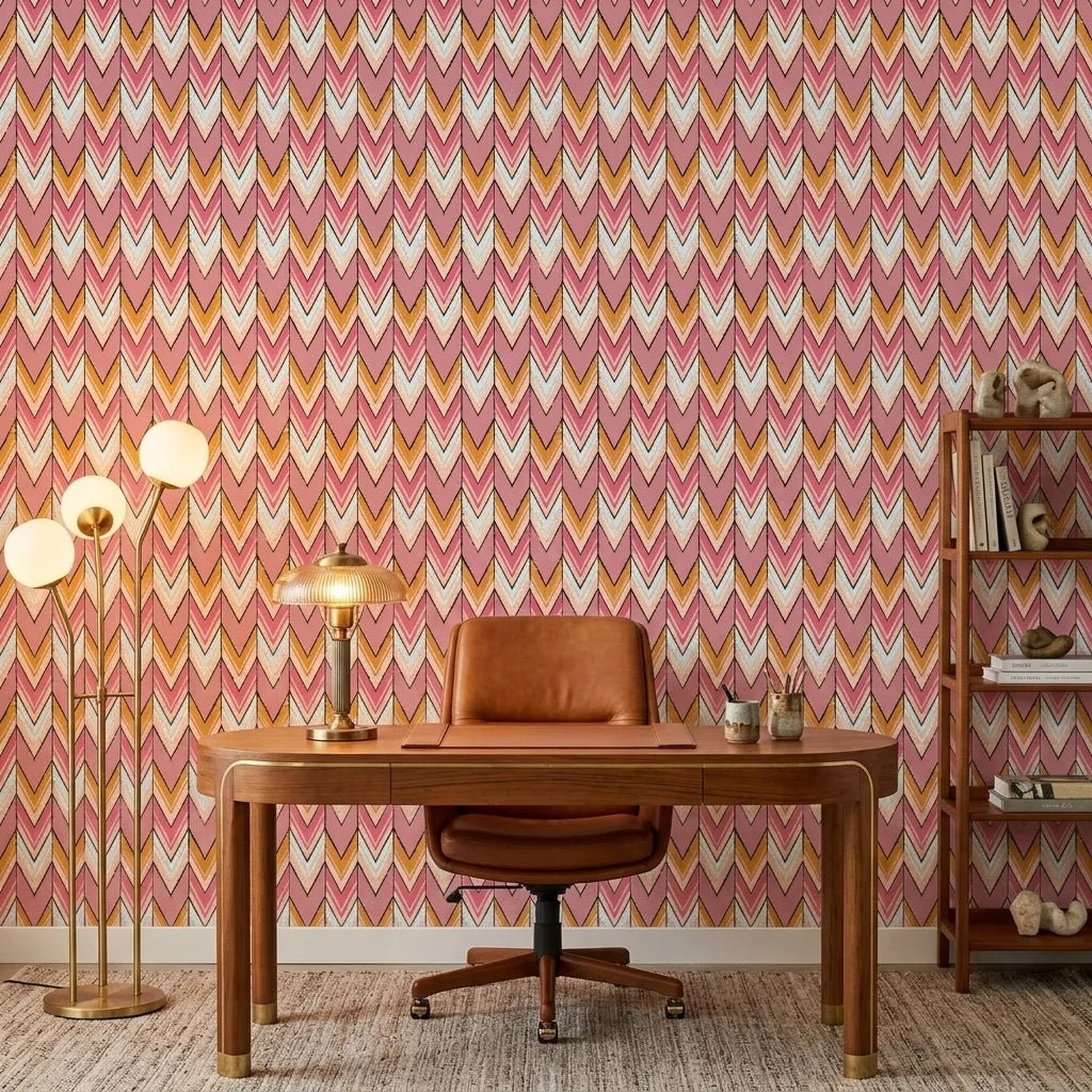 Rose Arrow pink and orange geometric wallpaper as a feature wall in a bright home office