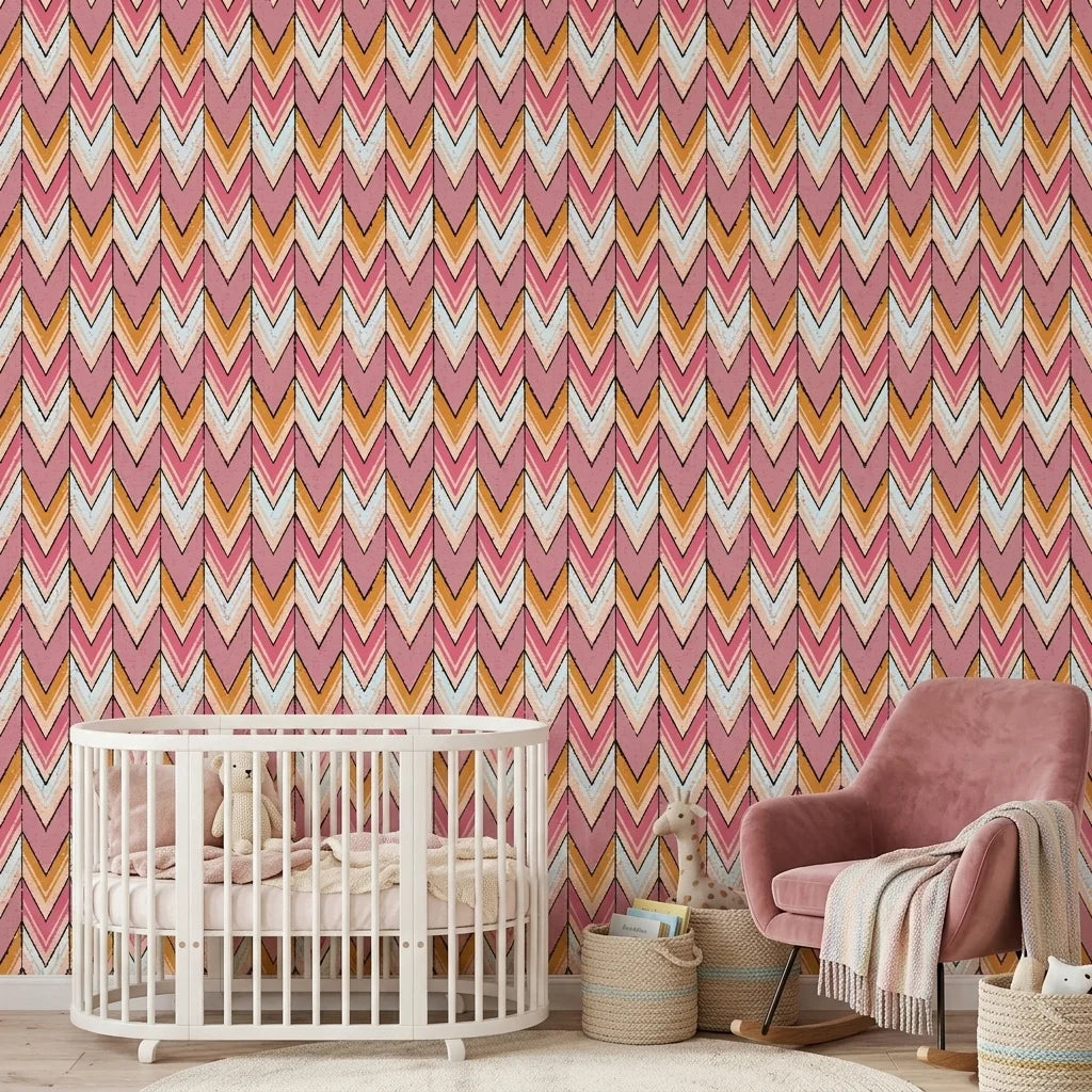 Rose Arrow pink and orange geometric wallpaper creating ambiance in a serene bathroom
