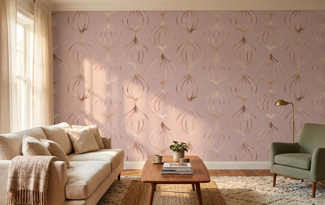 Rose Bloom metallic ogee wallpaper in a warm and inviting living room