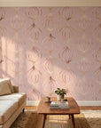 Rose Bloom metallic ogee wallpaper in a warm and inviting living room