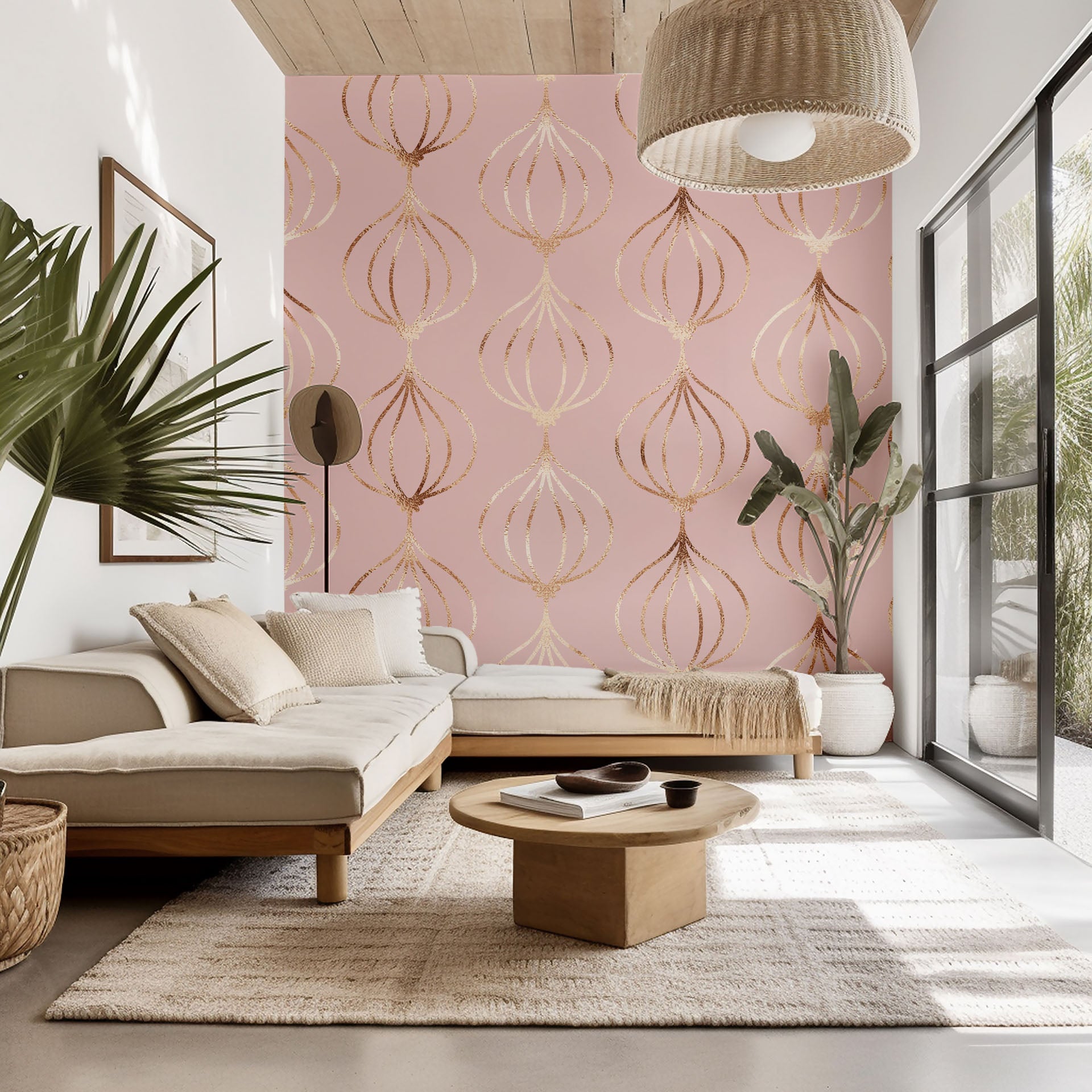 Geometric ogee wallpaper in shimmering rose gold and pink, easily applied peel-and-stick material