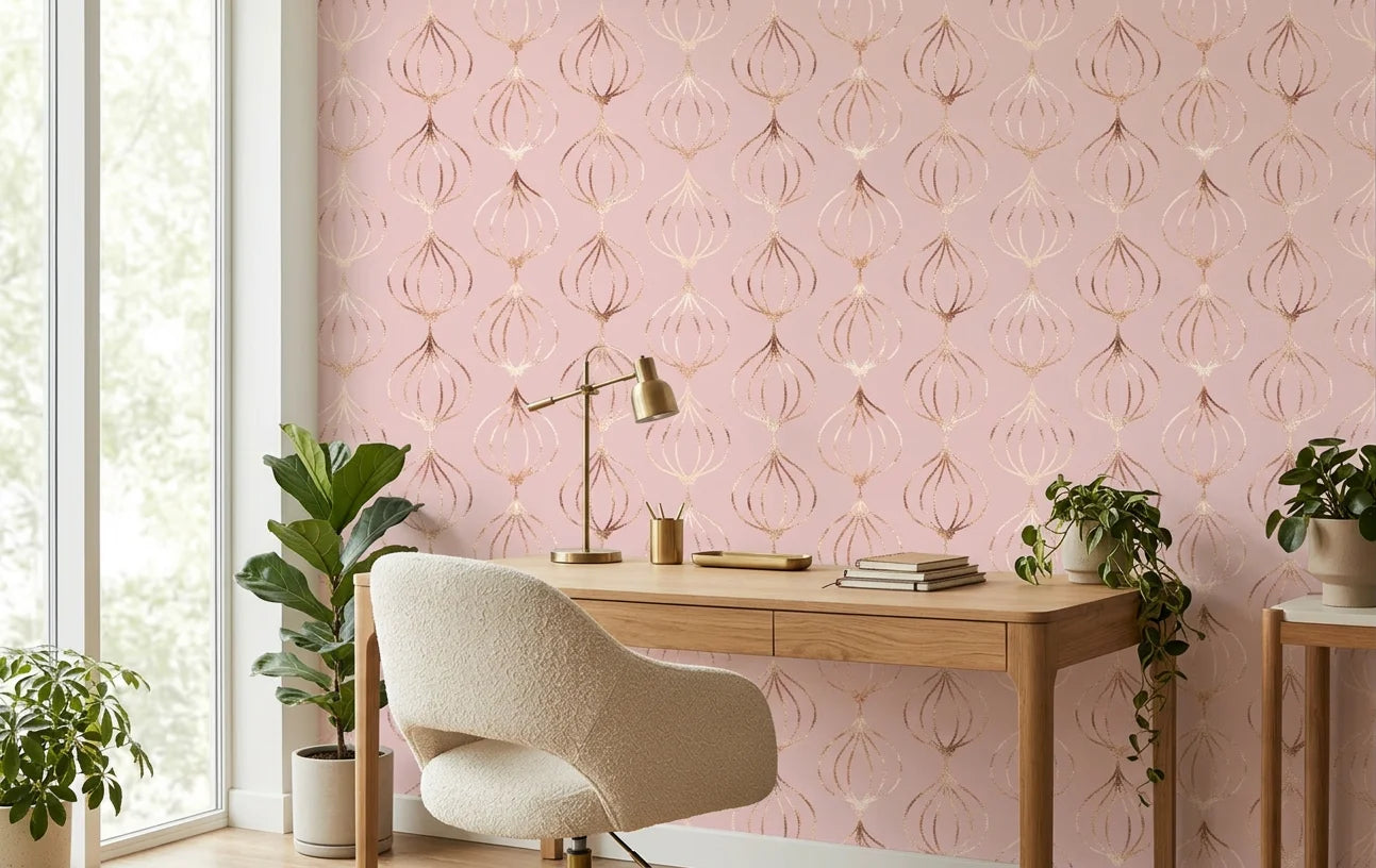 Rose Bloom metallic ogee wallpaper as a feature wall in a bright home office